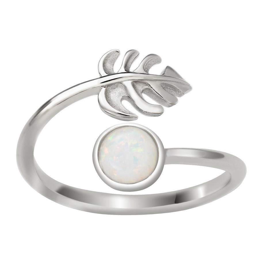 Sterling Silver Rhodium Plated White Opal Monstera Leaf and Full Moon Adjustable Bypass Ring