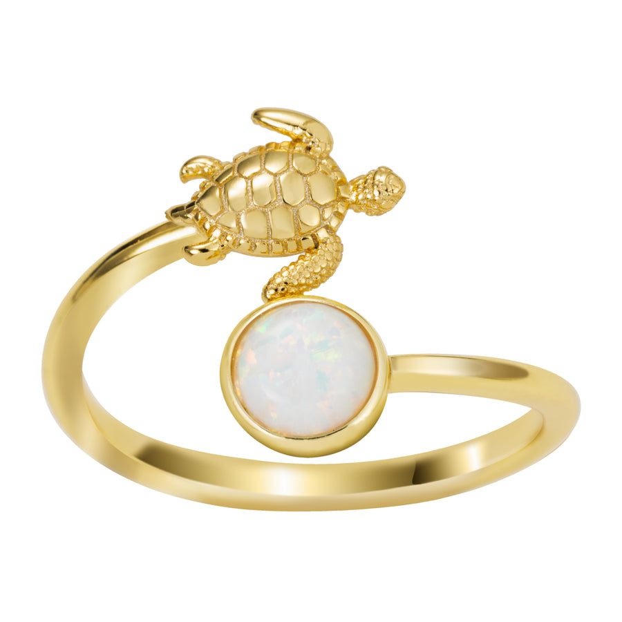 14K Gold Plated Sterling Silver White Opal Turtle and Full Moon Adjustable Bypass Ring