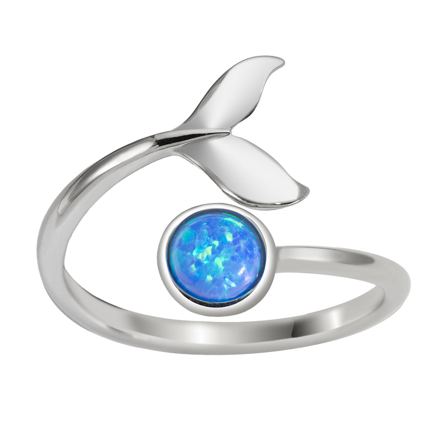 Sterling Silver Rhodium Plated Blue Opal Whale Tail and Full Moon Adjustable Bypass Ring