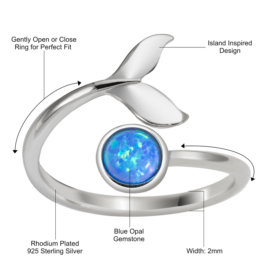 Sterling Silver Rhodium Plated Blue Opal Whale Tail and Full Moon Adjustable Bypass Ring