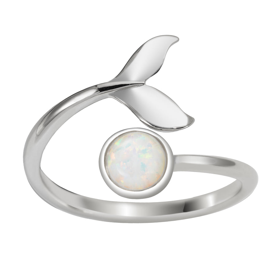 Sterling Silver Rhodium Plated White Opal Whale Tail and Full Moon Adjustable Bypass Ring