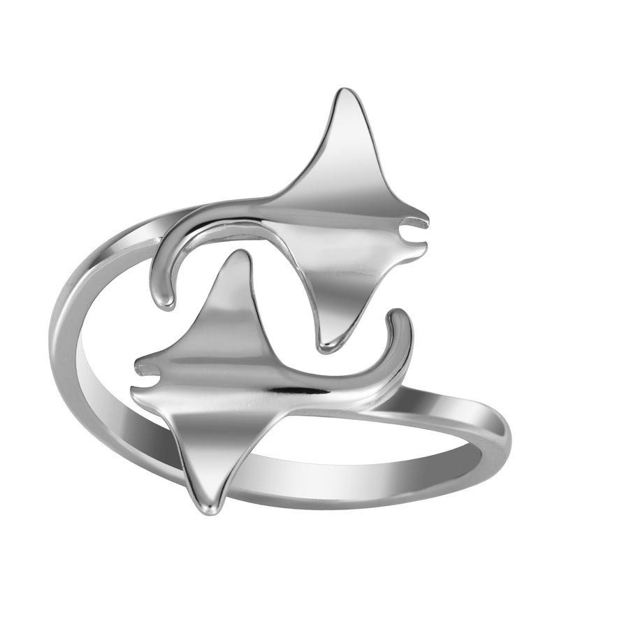 925 Sterling Silver Two Manta Ray Adjustable Easy Resize Wrap Around Bypass Ring Eternity Band