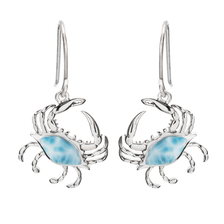 Sterling Silver Natural Larimar Crab Dangle Earrings, Right Claw