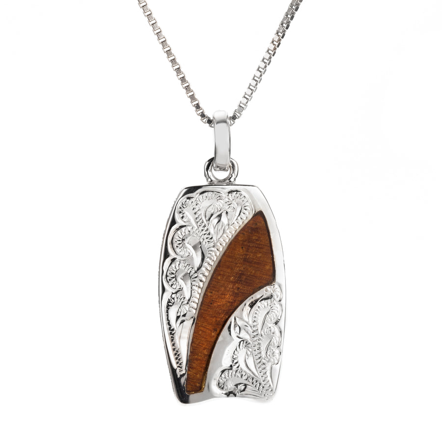 Sterling Silver Natural Hawaiian Heirloom Koa Wood Bodyboard Pendant