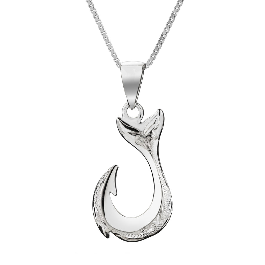 925 Sterling Silver Rhodium Plated Hawaiian Fish Hook Angle Necklace Pendant - Whale Tail Heirloom Scroll