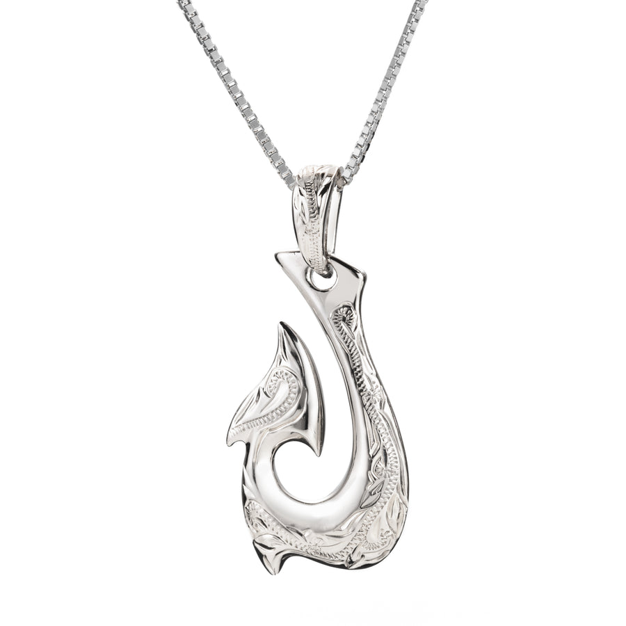 925 Sterling Silver Rhodium Plated Hawaiian Fish Hook Angle Necklace Pendant - Heirloom Scroll U Hook