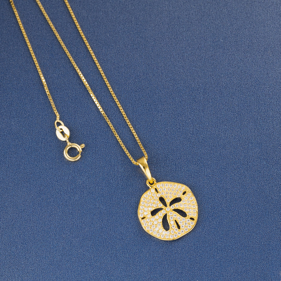 925 Sterling Silver Sand Dollar Topaz Pave Sea Life Charm Necklace Pedant with 18" Box Chain (Minimalist)