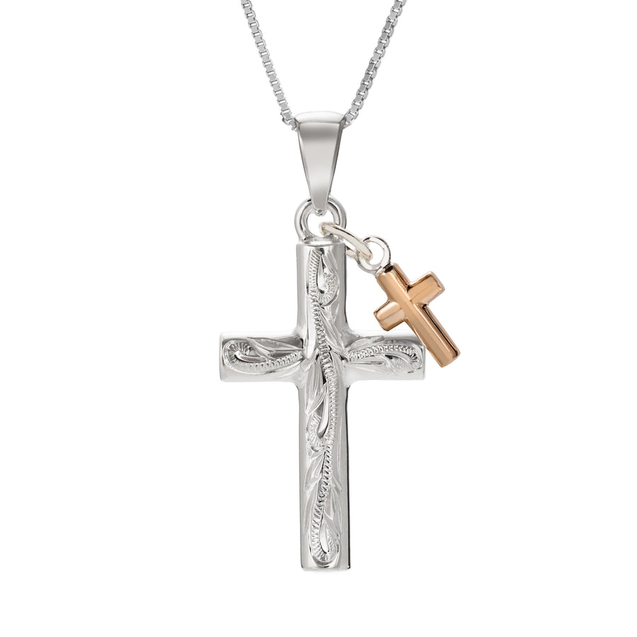 925 Sterling Silver Hawaiian Heirloom Scroll Double Cross Pendant with 18" Box Chain