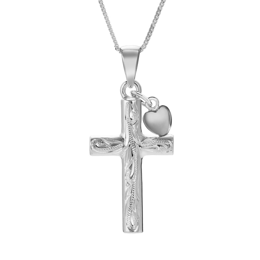 925 Sterling Silver Hawaiian Heirloom Scroll Cross and Silver Heart Pendant with 18" Box Chain