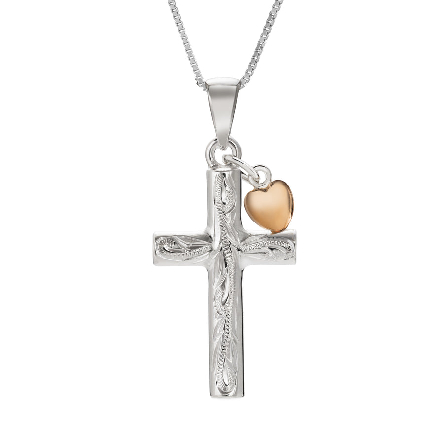 925 Sterling Silver Hawaiian Heirloom Scroll Cross and Pink Heart Pendant with 18" Box Chain