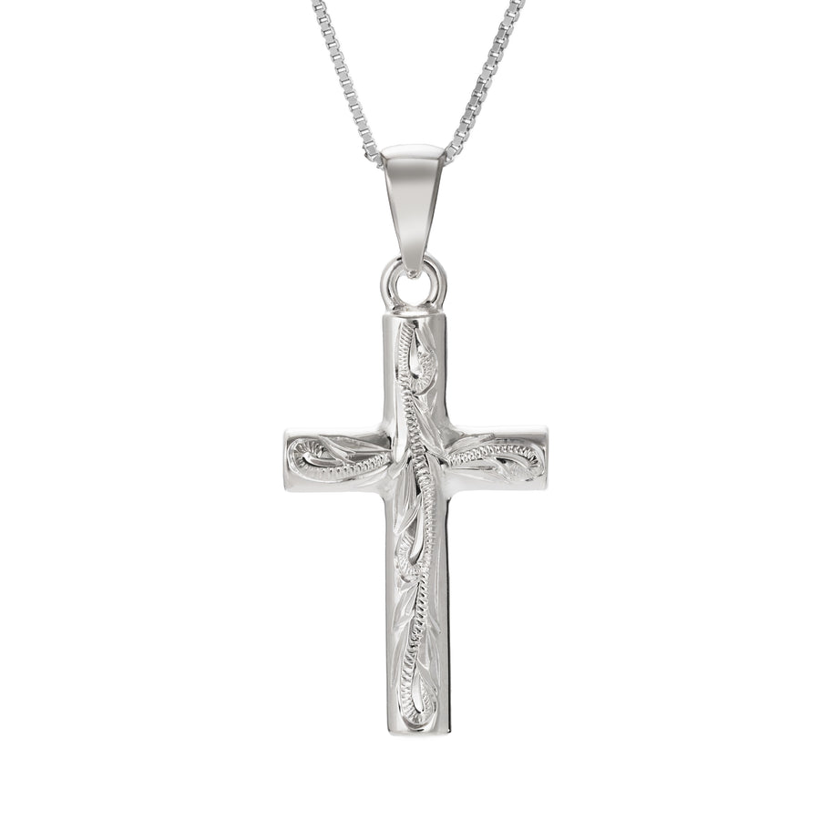 925 Sterling Silver Hawaiian Heirloom Scroll Cross Pendant with 18" Box Chain