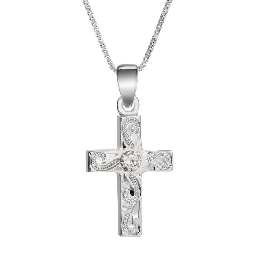 925 Sterling Silver Hawaiian Heirloom Scroll Cross with Cubic Zirconia Pendant with 18" Box Chain