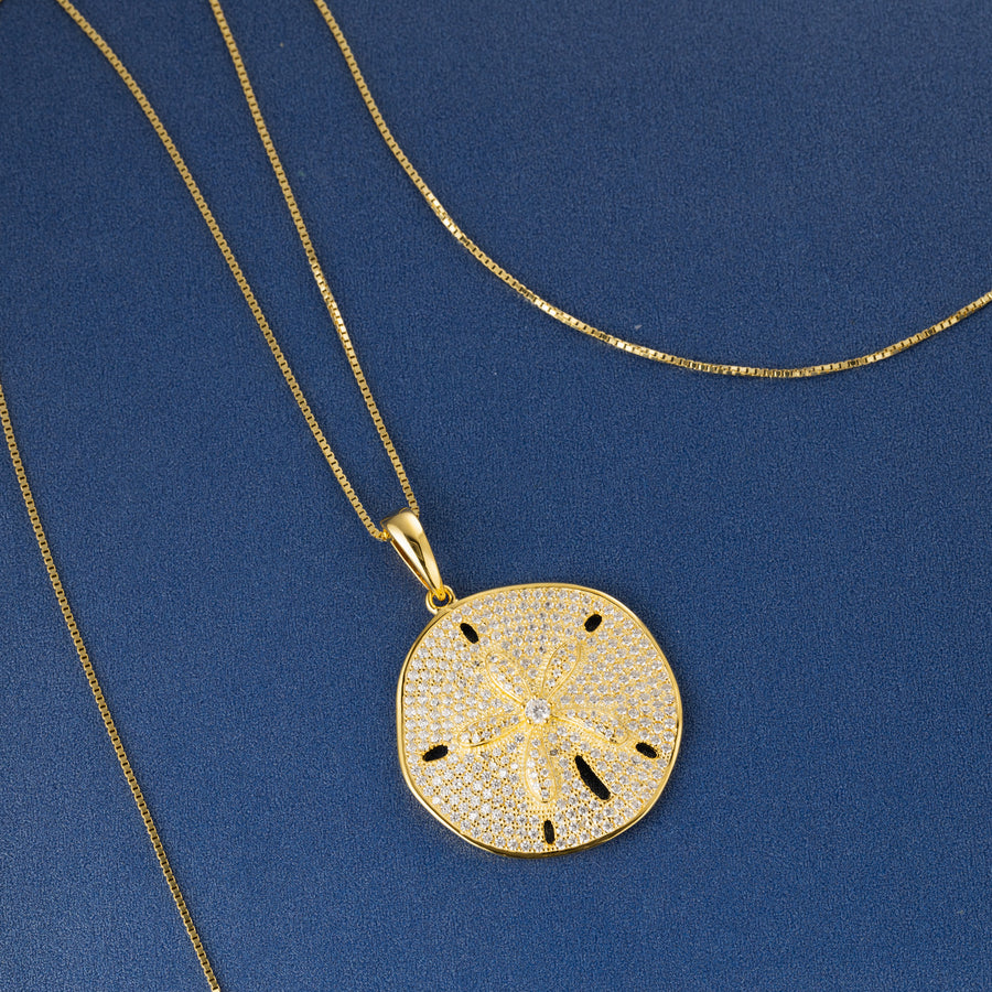 925 Sterling Silver Sand Dollar Topaz Pave Sea Life Charm Necklace Pedant with 18" Box Chain (Luxurious)