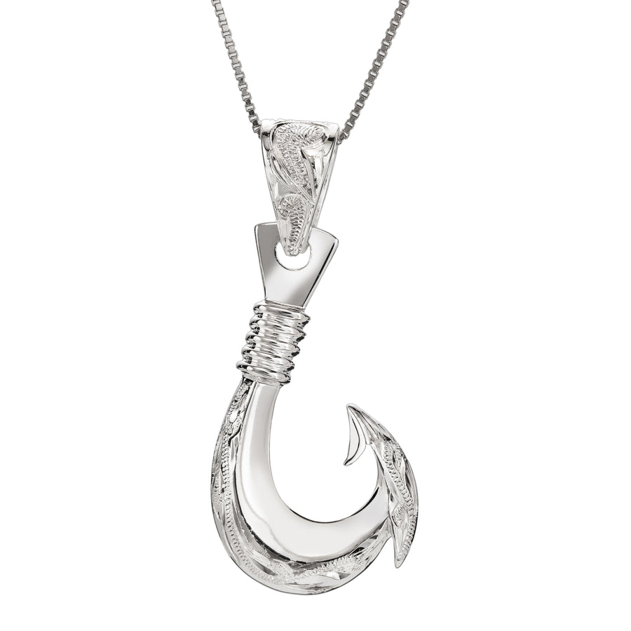 925 Sterling Silver Rhodium Plated Hawaiian Fish Hook Angle Necklace Pendant - Barbed Hook Heirloom Scroll