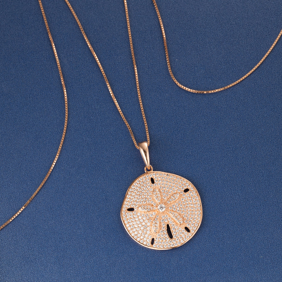 925 Sterling Silver Sand Dollar Topaz Pave Sea Life Charm Necklace Pedant with 18" Box Chain (Luxurious)