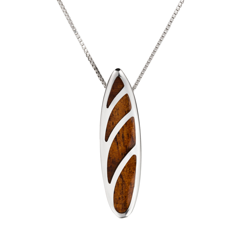 Sterling Silver Natural Koa Wood Surfboard Pendant - Funboard