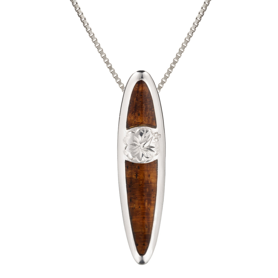 Sterling Silver Natural Hawaiian Koa Wood Surfboard Pendant - Longboard Hibiscus Flower