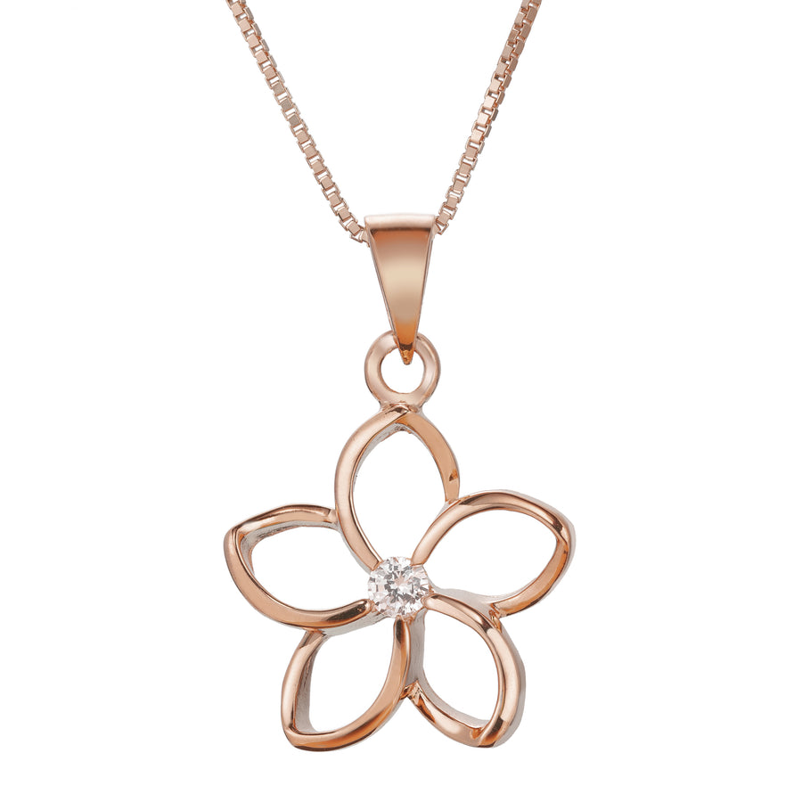 925 Sterling Silver 14K Rose Gold Plated Cut-Out Plumeria Pendant with Cubic Zirconia