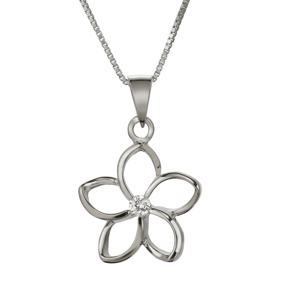 925 Sterling Silver Rhodium Plated Cut-Out Plumeria Pendant with Cubic Zirconia