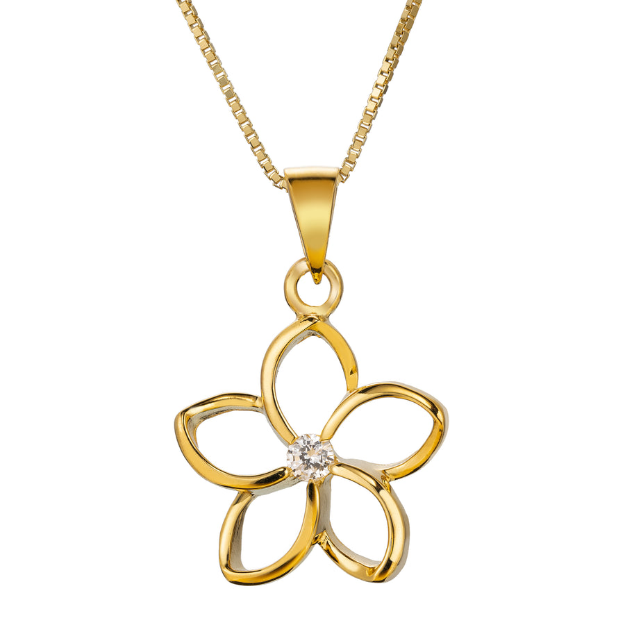 925 Sterling Silver 14K Yellow Gold Plated Cut-Out Plumeria Pendant with Cubic Zirconia