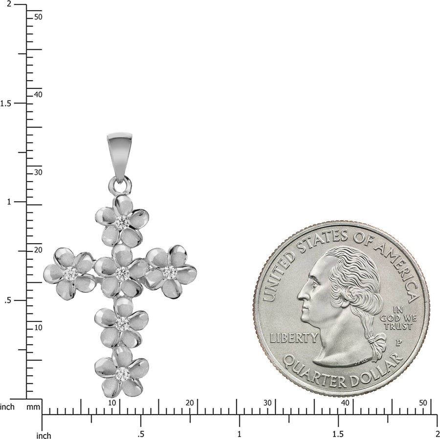 925 Sterling Silver Plumeria Cross and Cubic Zirconia Pendant