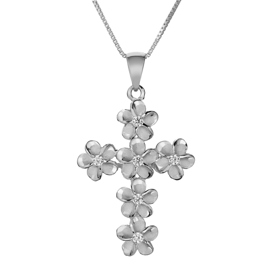 925 Sterling Silver Plumeria Cross and Cubic Zirconia Pendant