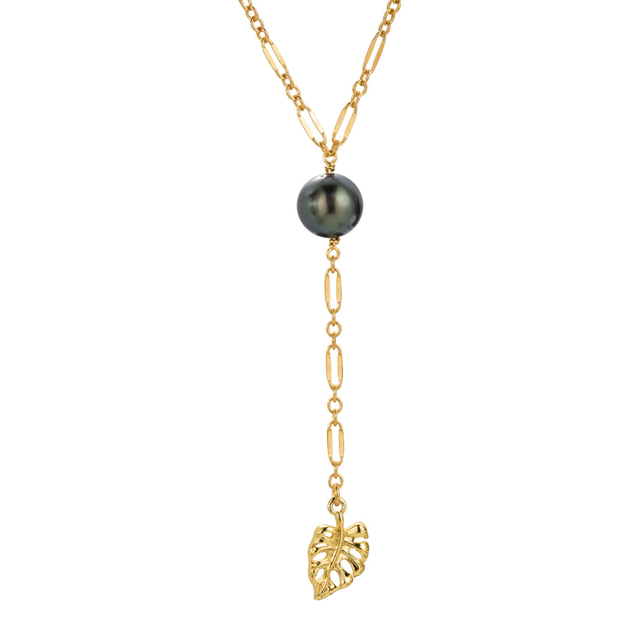 14k Gold Plated Genuine 9mm Tahitian Black Pearl Y-Necklace 16"+2" Extender, Figaro Cable Link