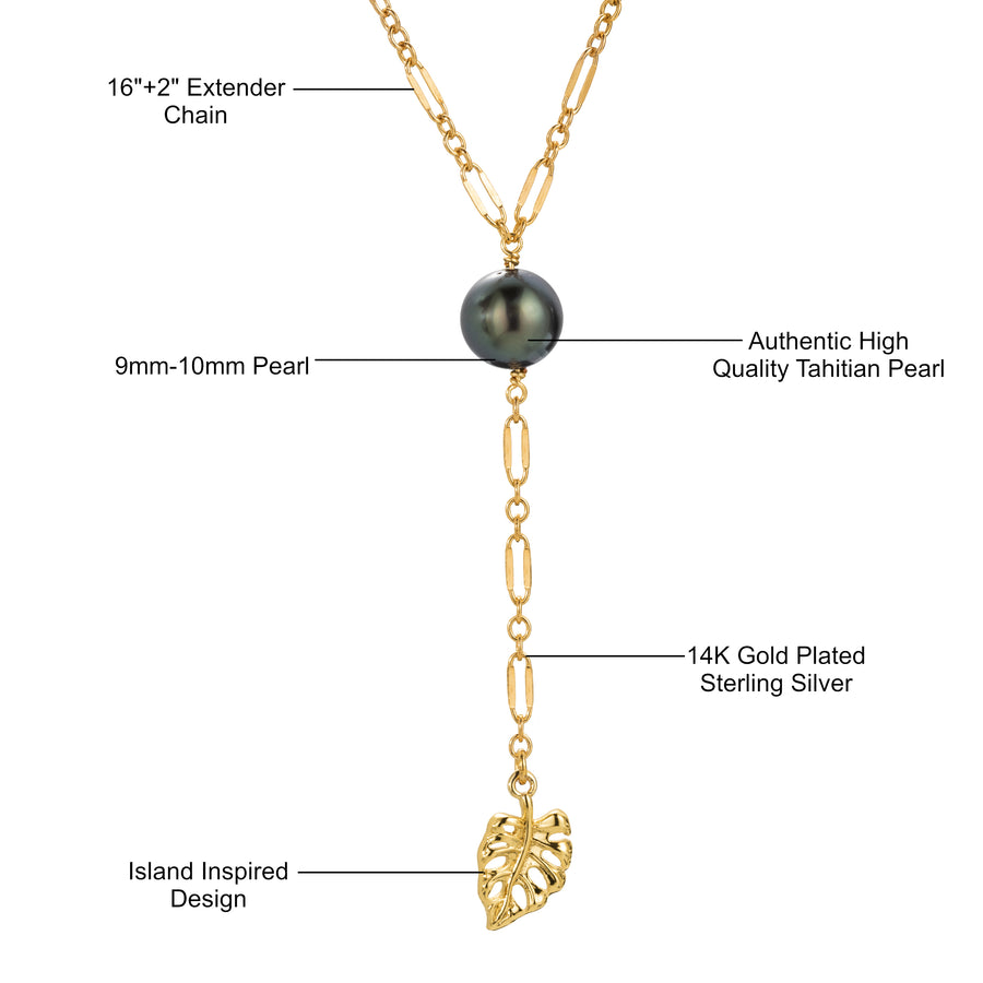 14k Gold Plated Genuine 9mm Tahitian Black Pearl Y-Necklace 16"+2" Extender, Figaro Cable Link