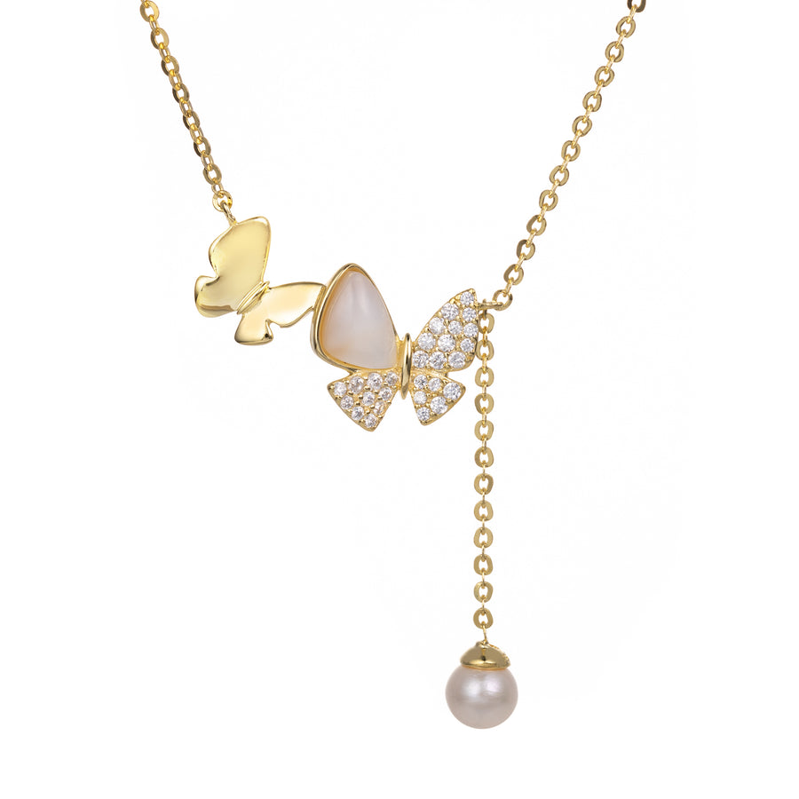 14K Gold Plated 925 Sterling Silver Double Butterfly Necklace Pendant with 16+2” Extender Link Chain