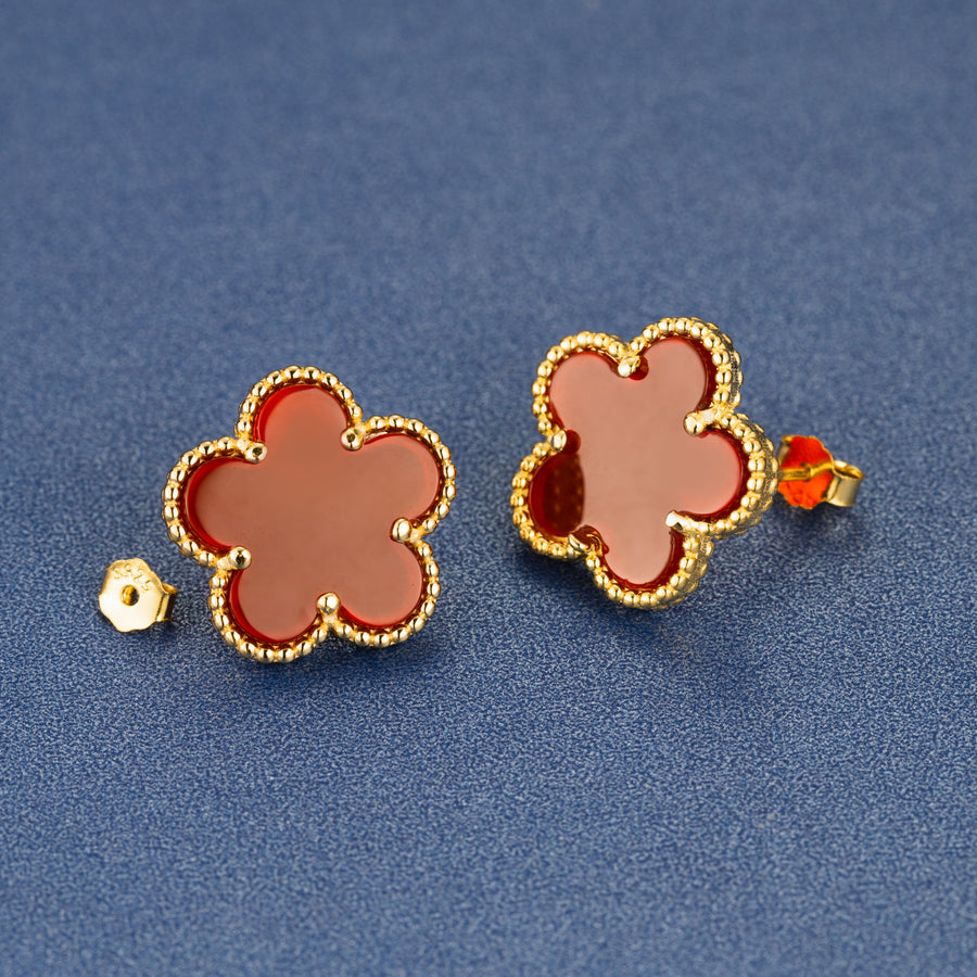 925 Sterling Silver 14K Yellow Gold Plated Hawaiian Aloha Plumeria Clover Flower Stud Earrings, Carnelian