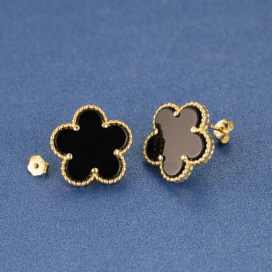 925 Sterling Silver 14K Yellow Gold Plated Hawaiian Aloha Plumeria Clover Flower Stud Earrings, Onyx