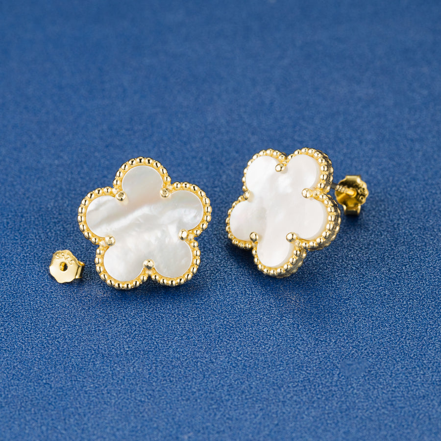 925 Sterling Silver 14K Yellow Gold Plated Hawaiian Aloha Plumeria Clover Flower Stud Earrings, Mother-of-Pearl