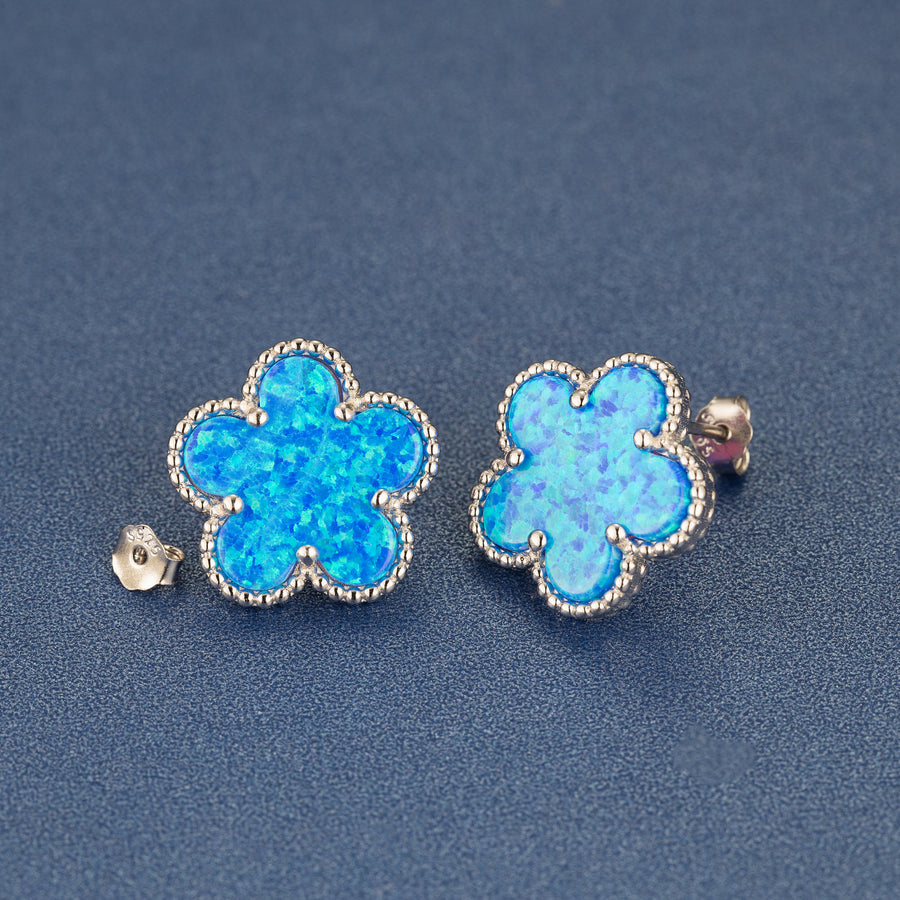 925 Sterling Silver Hawaiian Aloha Plumeria Clover Flower Stud Earrings, Blue Opal