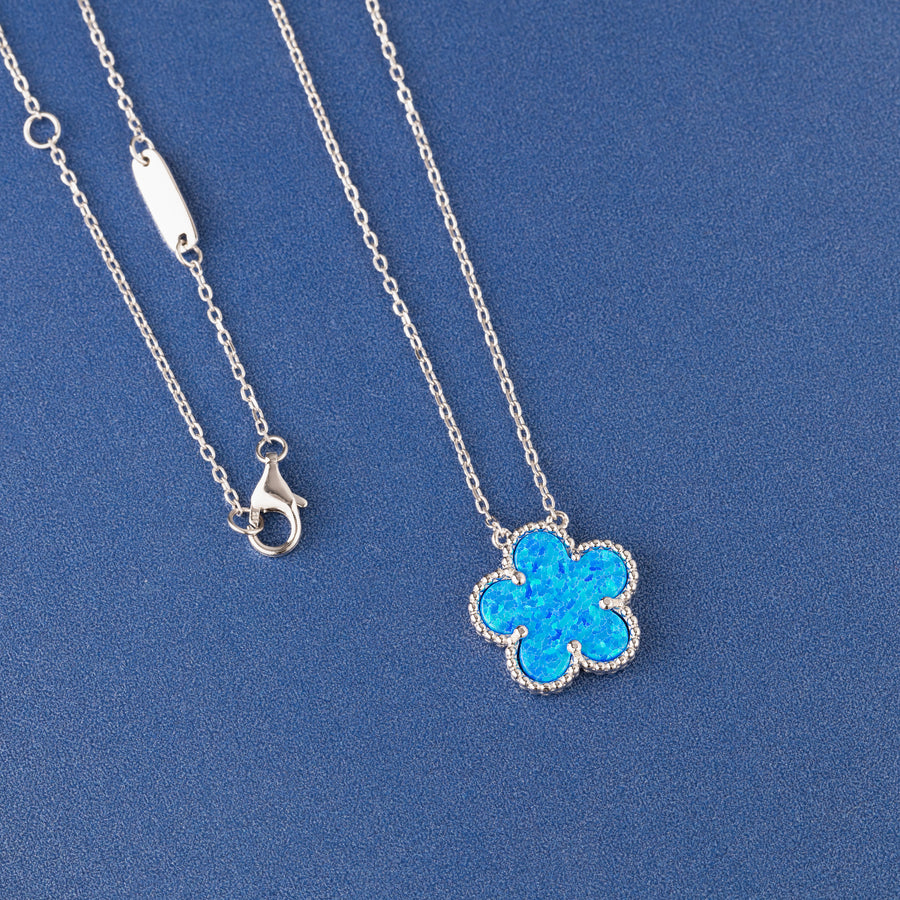 925 Sterling Silver Hawaiian Aloha Plumeria Clover Flower Necklace Pendant 16" + 2" Adjustable Chain, Blue Opal