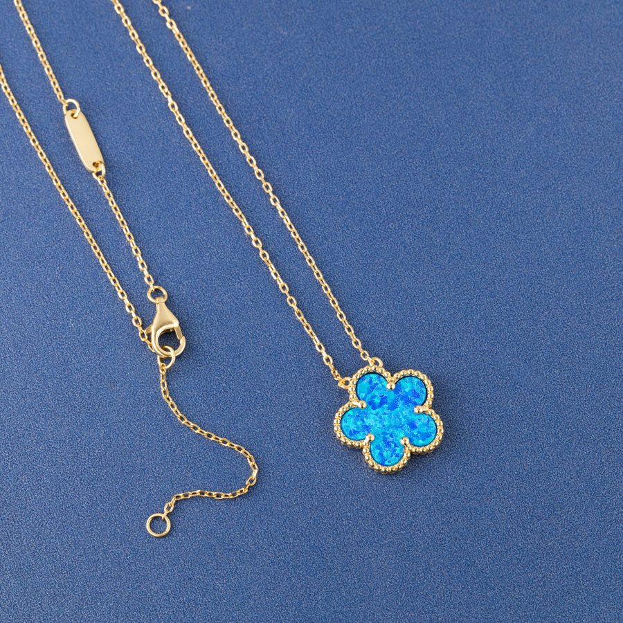 925 Sterling Silver 14K Yellow Gold Plated Hawaiian Aloha Plumeria Clover Flower Necklace Pendant 16" + 2" Adjustable Chain, Blue Opal