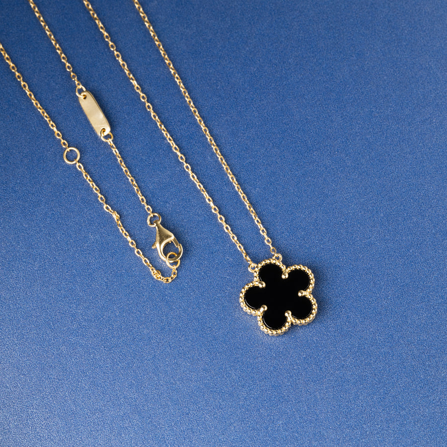 925 Sterling Silver 14K Yellow Gold Plated Hawaiian Aloha Plumeria Clover Flower Necklace Pendant 16" + 2" Adjustable Chain, Onyx