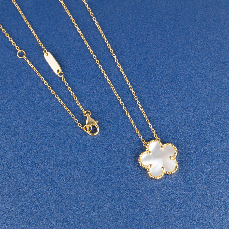 925 Sterling Silver 14K Yellow Gold Plated Hawaiian Aloha Plumeria Clover Flower Necklace Pendant 16" + 2" Adjustable Chain, Mother-of-Pearl