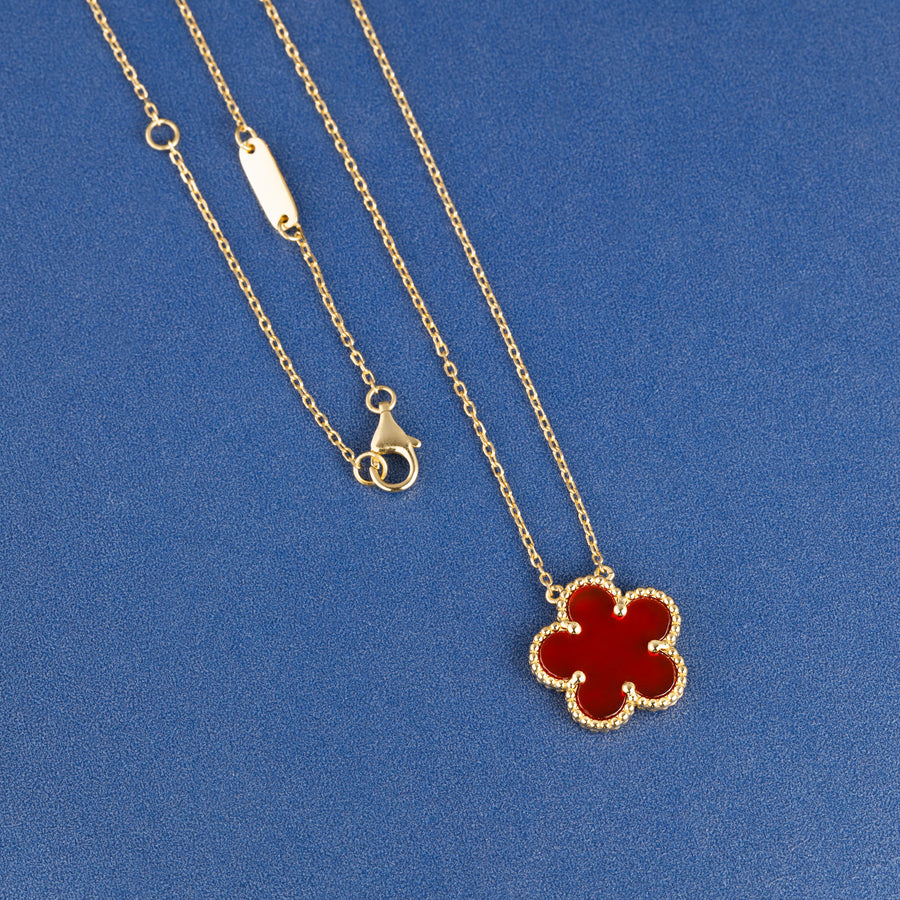 925 Sterling Silver 14K Yellow Gold Plated Hawaiian Aloha Plumeria Clover Flower Necklace Pendant 16" + 2" Adjustable Chain, Carnelian