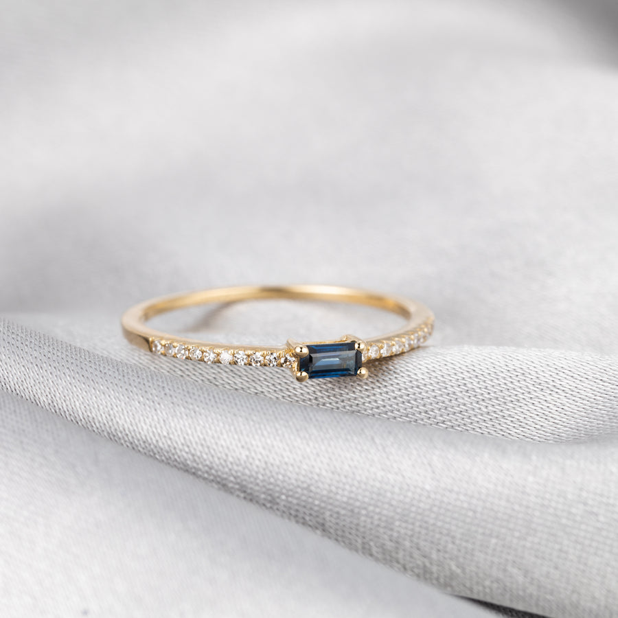 14K Solid Gold Dainty Natural Baguette Sapphire Pave Diamonds Stackable Wedding Ring Band