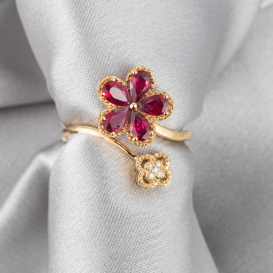 14K Solid Gold Natural Pear-Cut Ruby Plumeria Flower Pave Diamonds Clover Wedding Ring Band