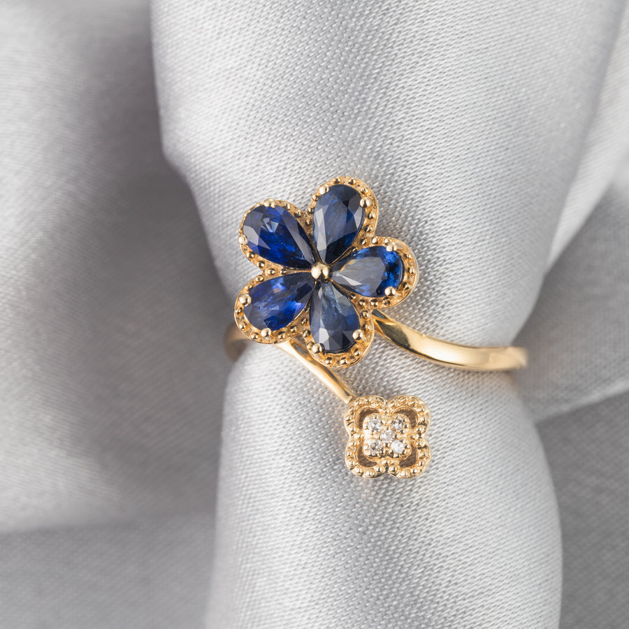 14K Solid Gold Natural Pear-Cut Sapphire Plumeria Flower Pave Diamonds Clover Wedding Ring Band