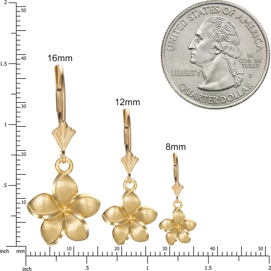 14K Solid Yellow Gold Hawaiian Plumeria Flower Earrings Dangle Leverback