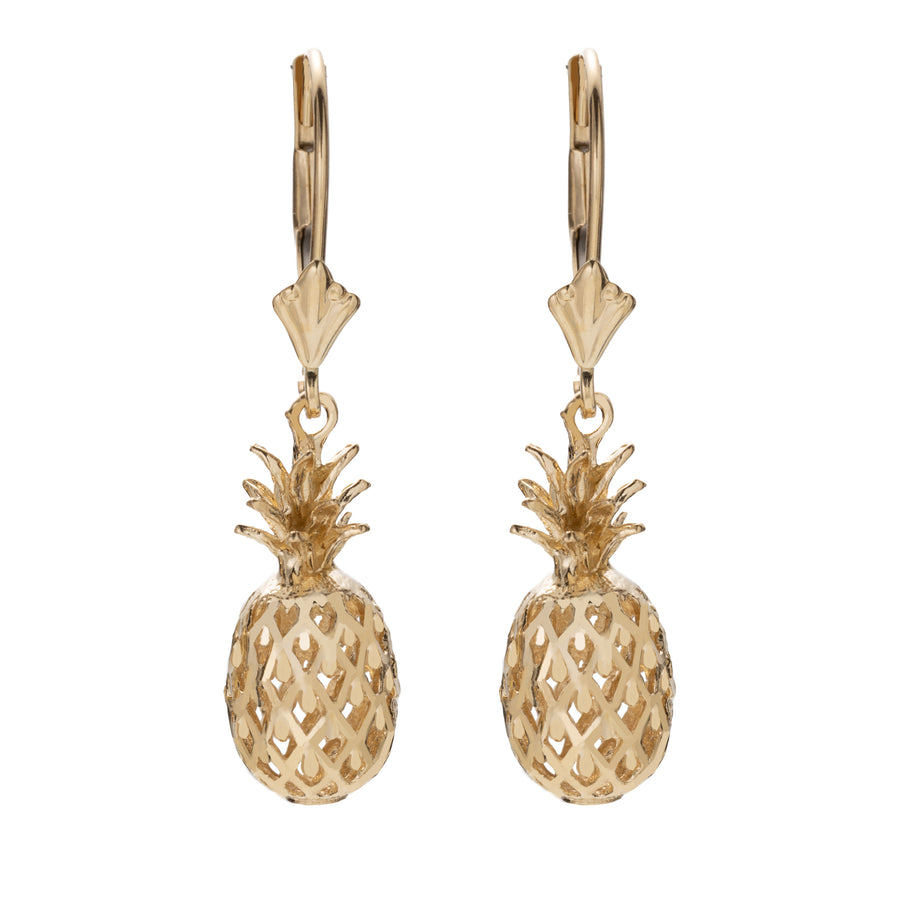 14K Solid Yellow Gold Hawaiian Diamond Cut 3D Pineapple Dangle Earrings Leverback