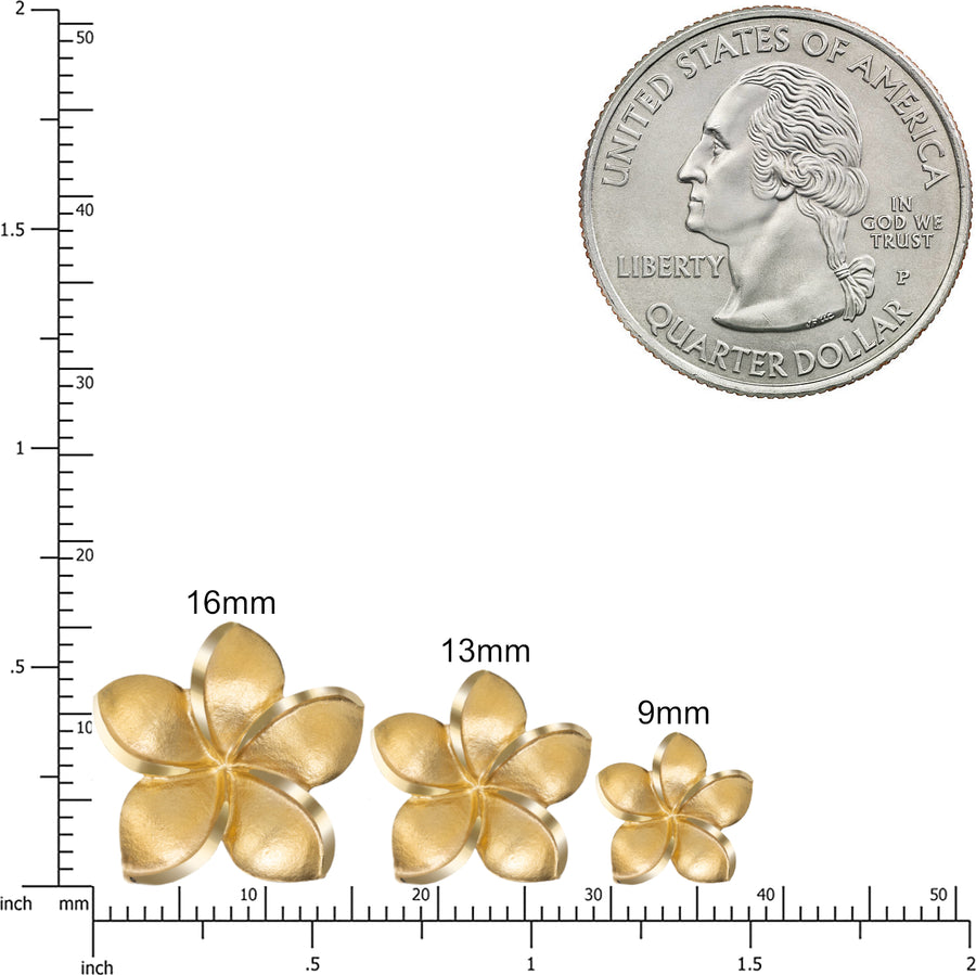 14K Solid Yellow Gold Hawaiian Plumeria Flower Stud Earrings
