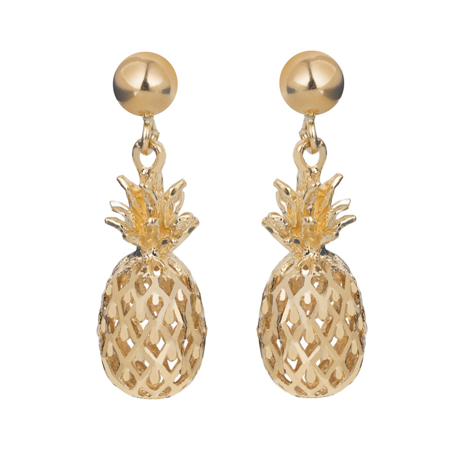 14K Solid Yellow Gold Hawaiian Diamond Cut 3D Pineapple Dangle Earrings Studs