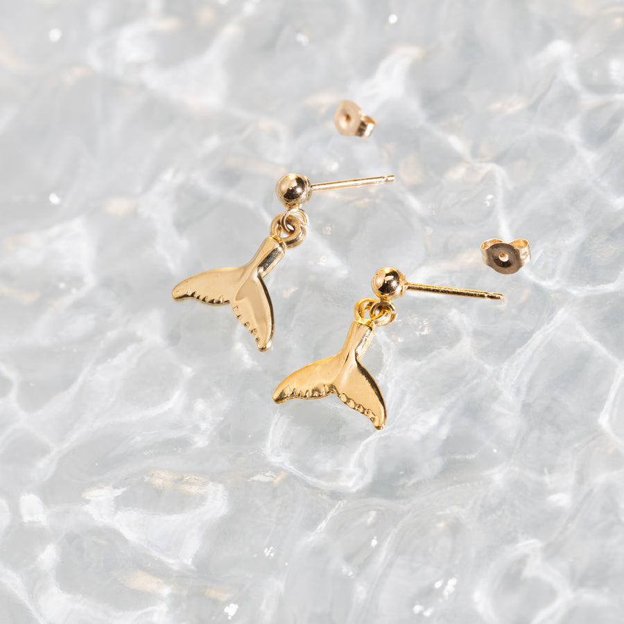 14K Solid Yellow Gold Whale Tail Drop Ball Stud Dangle Earrings