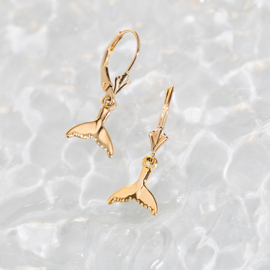 14K Solid Yellow Gold Whale Tail Drop Leverback Dangle Earrings