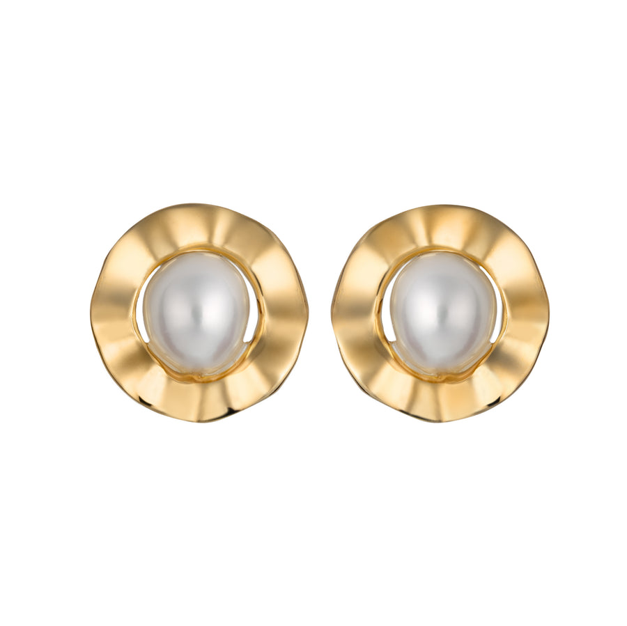 14K Gold Plated 925 Sterling Silver Natural Freshwater Wavy Halo Pearl Earrings