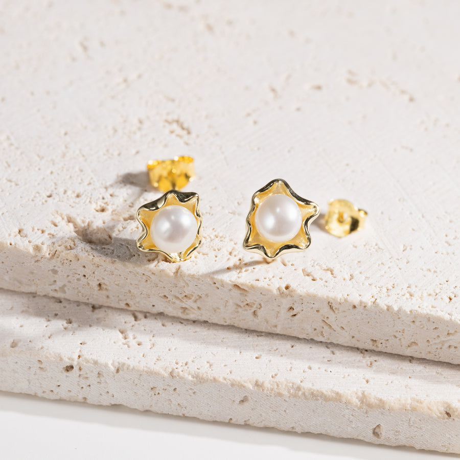 14K Gold Plated 925 Sterling Silver Natural Freshwater Clam Shell Pearl Earrings