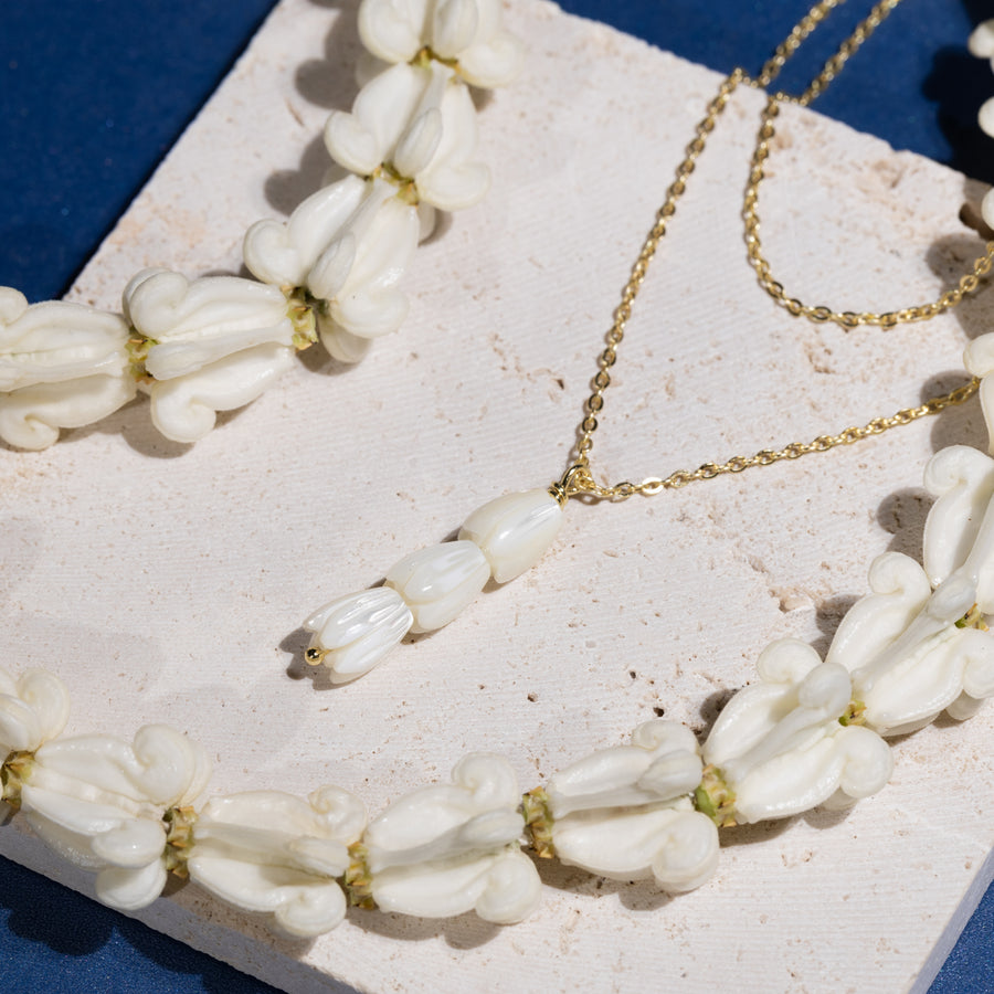 14K Gold Plated 925 Sterling Silver Mother of Pearl Pikake Flower Bud Triple Drop Necklace